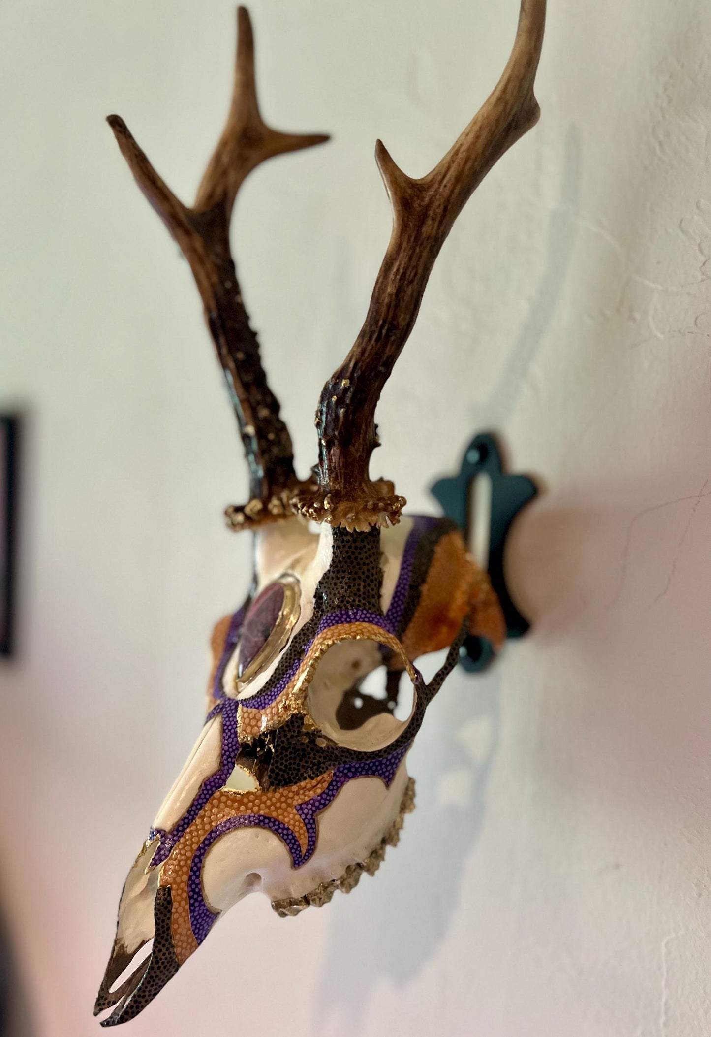 Hand painted Roe Deer with Ornamental Brass and Purple Jasper headpiece – Authentic Native American Art