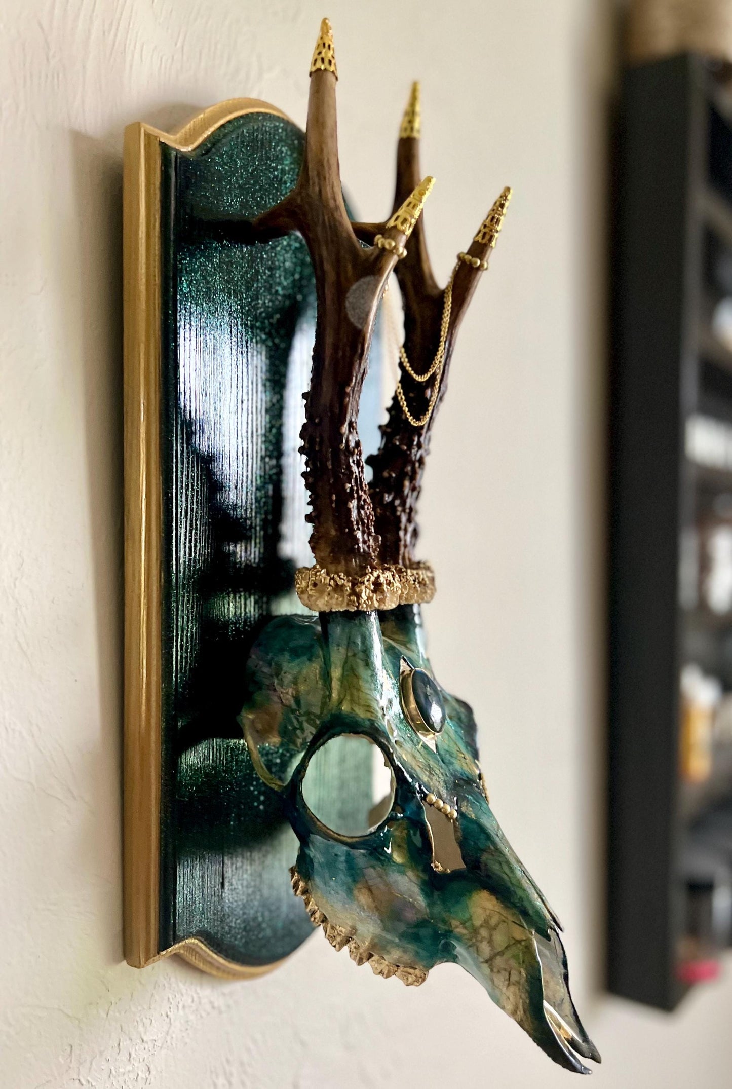 Hand painted Roe Deer with Brass Labradorite headpiece – Authentic Native American Art