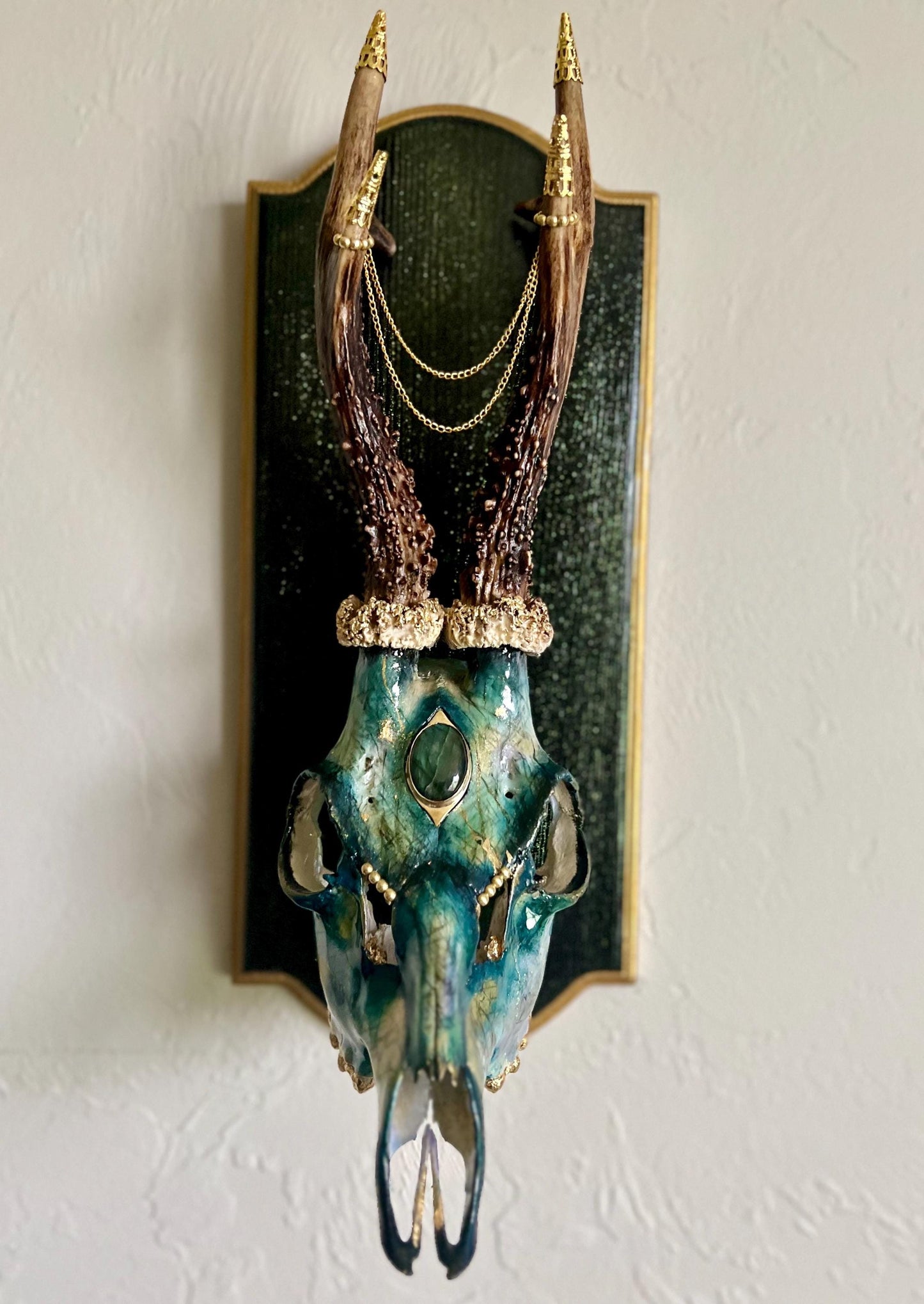 Hand painted Roe Deer with Brass Labradorite headpiece – Authentic Native American Art