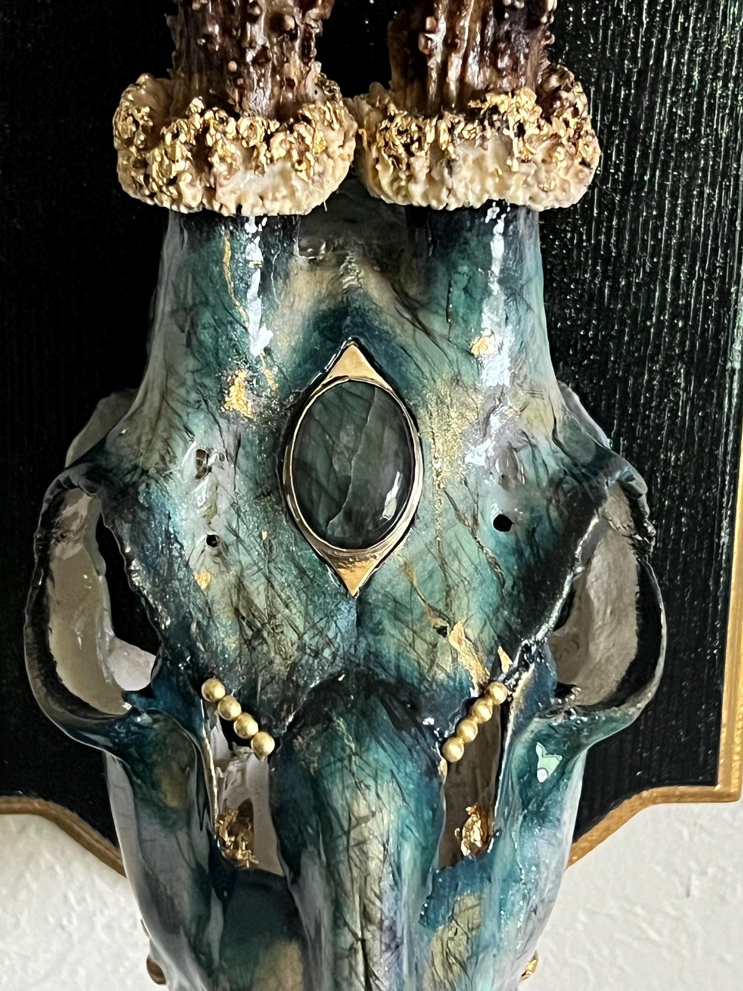 Hand painted Roe Deer with Brass Labradorite headpiece – Authentic Native American Art