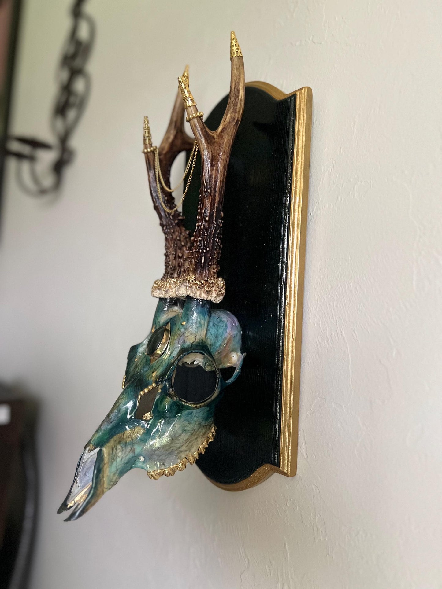 Hand painted Roe Deer with Brass Labradorite headpiece – Authentic Native American Art