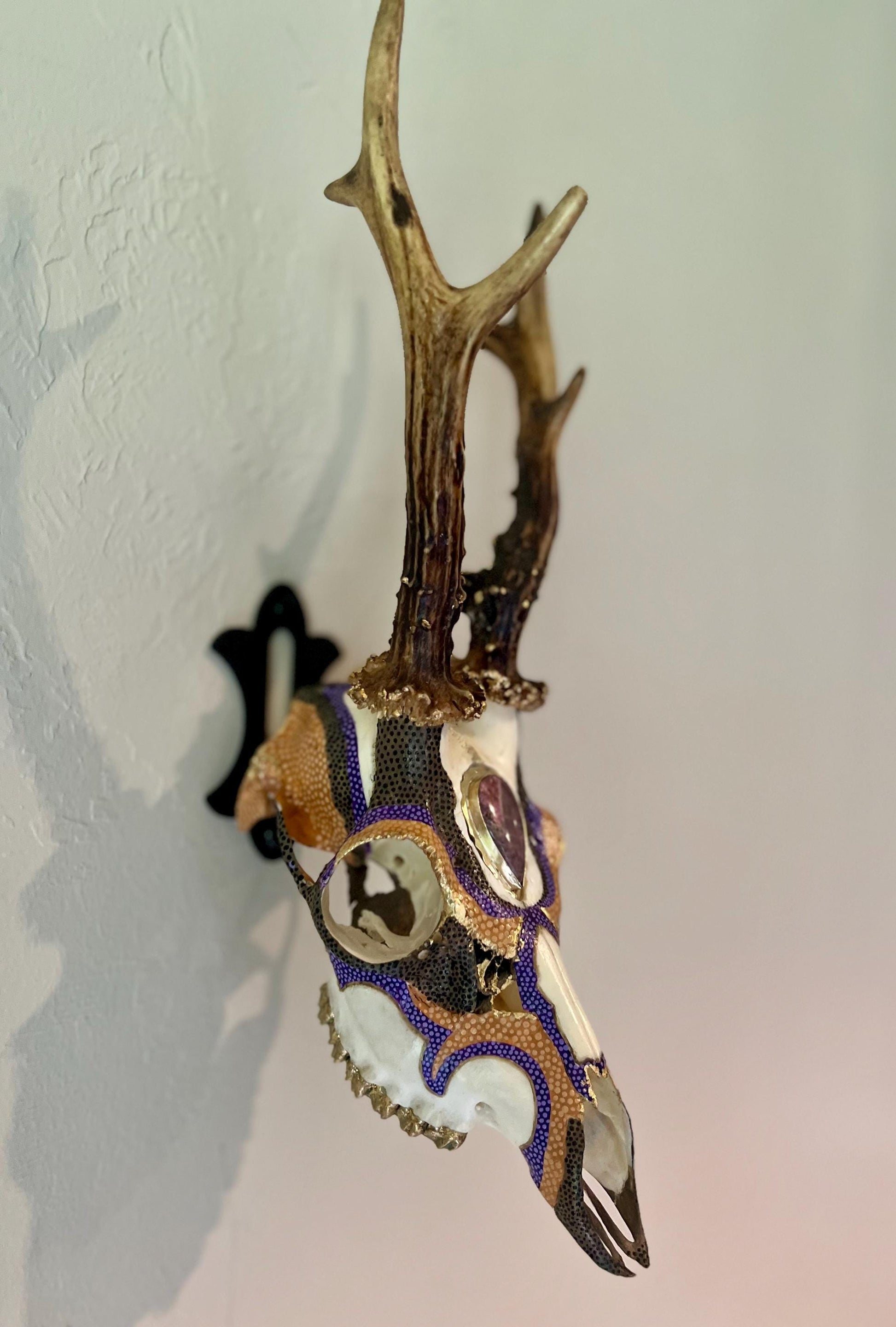 Hand painted Roe Deer with Ornamental Brass and Purple Jasper headpiece – Authentic Native American Art