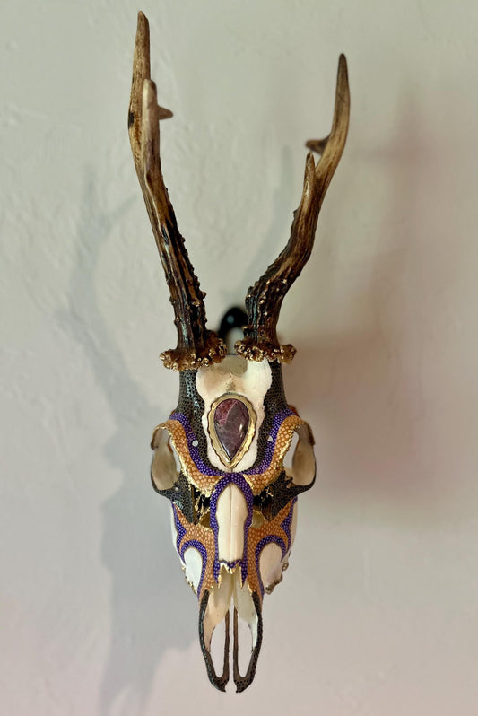 Hand painted Roe Deer with Ornamental Brass and Purple Jasper headpiece – Authentic Native American Art