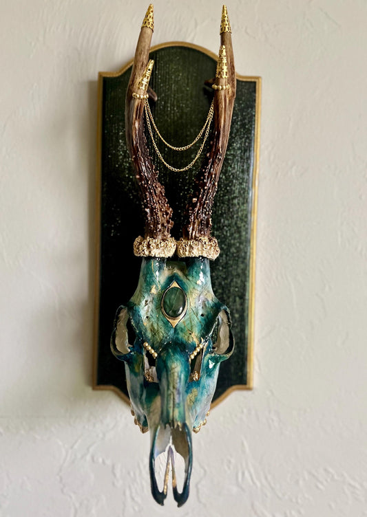 Hand painted Roe Deer with Brass Labradorite headpiece – Authentic Native American Art