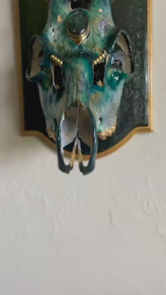 Hand painted Roe Deer with Brass Labradorite headpiece  – Authentic Native American Art