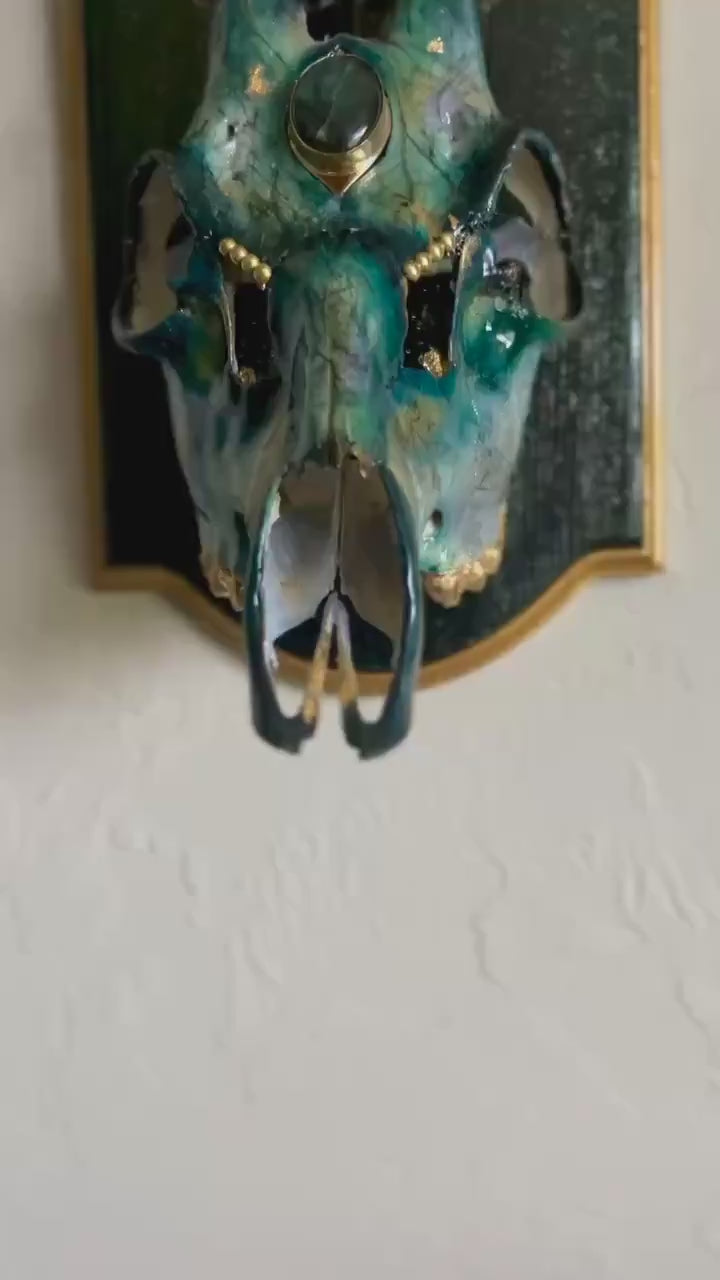 Hand painted Roe Deer with Brass Labradorite headpiece  – Authentic Native American Art