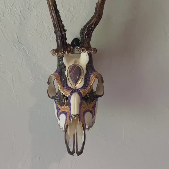 Hand painted Roe Deer with Ornamental Brass and Purple Jasper headpiece – Authentic Native American Art
