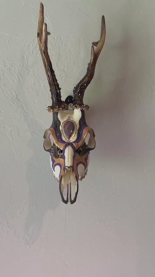 Hand painted Roe Deer with Ornamental Brass and Purple Jasper headpiece – Authentic Native American Art
