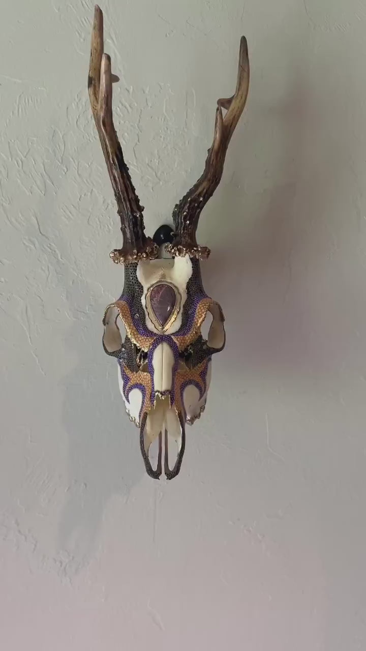 Hand painted Roe Deer with Ornamental Brass and Purple Jasper headpiece – Authentic Native American Art